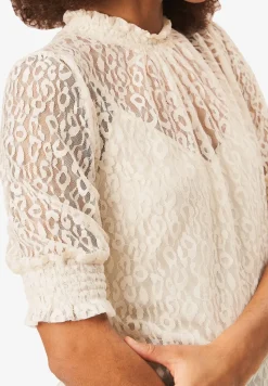Gini London Cream High Neck Lace Loose Fit Blouse