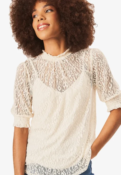 Gini London Cream High Neck Lace Loose Fit Blouse