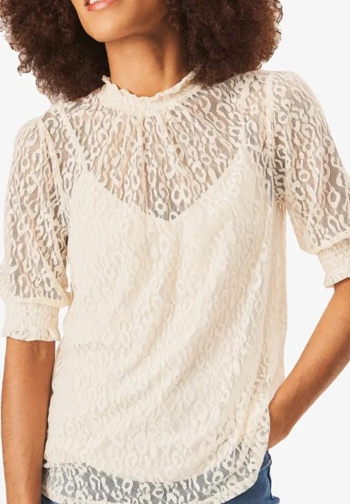 Gini London Cream High Neck Lace Loose Fit Blouse