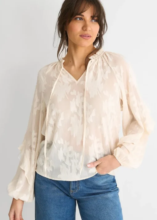 Gini London Cream Jacquard Floral Long Sleeve Blouse