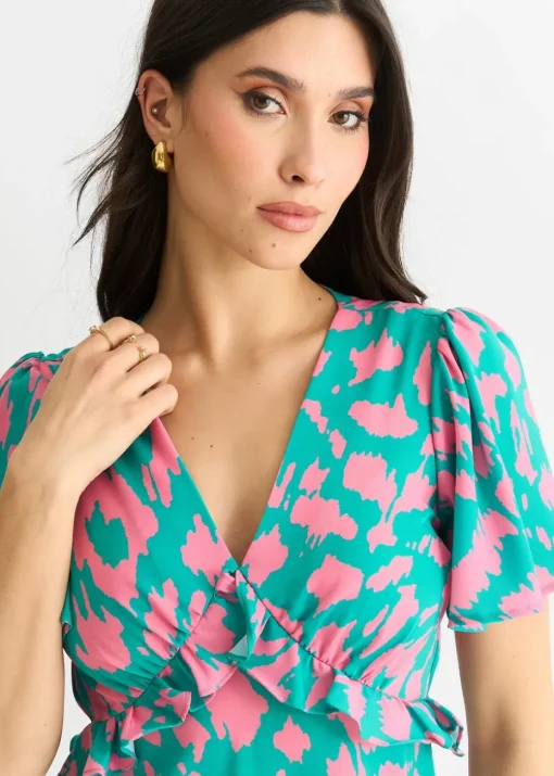 Gini London Green Animal Print V Neck Ruffle Midi Dress
