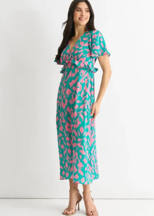 Gini London Green Animal Print V Neck Ruffle Midi Dress