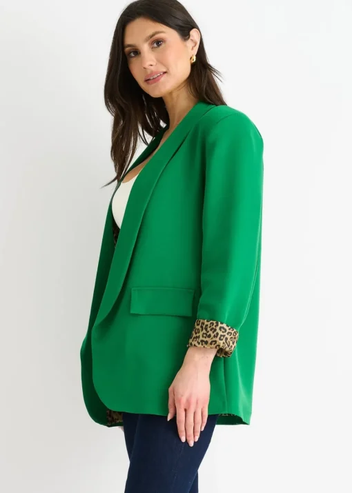 Gini London Green Contrast Animal Edge To Edge Blazer