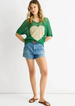 Gini London Green Fish Net Heart Pattern Crochet Top