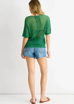 Gini London Green Fish Net Heart Pattern Crochet Top