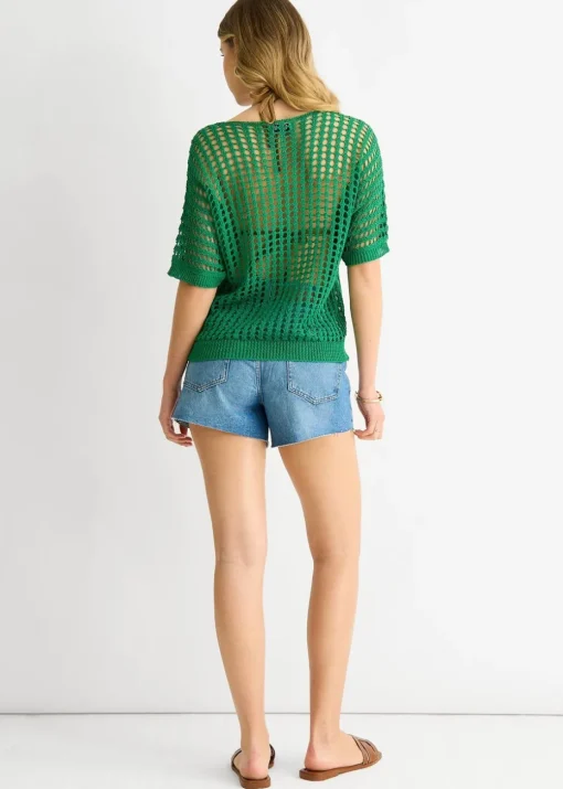 Gini London Green Fish Net Heart Pattern Crochet Top