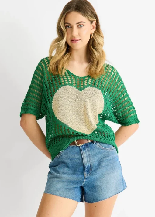 Gini London Green Fish Net Heart Pattern Crochet Top
