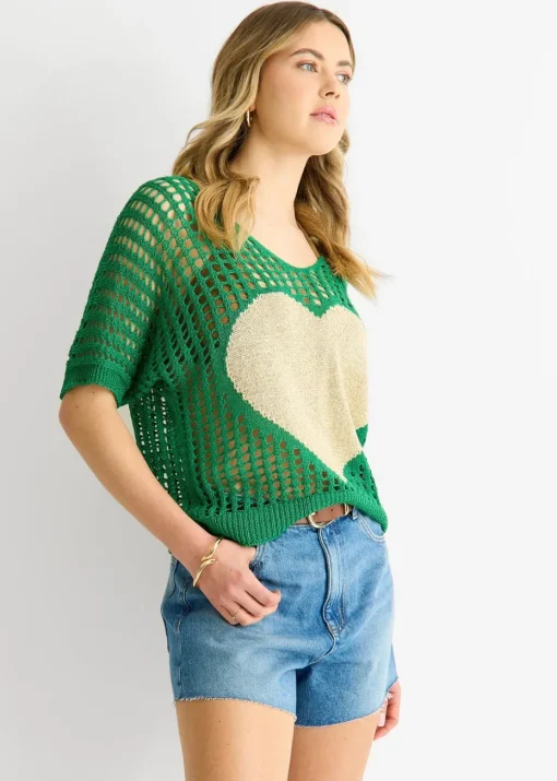 Gini London Green Fish Net Heart Pattern Crochet Top