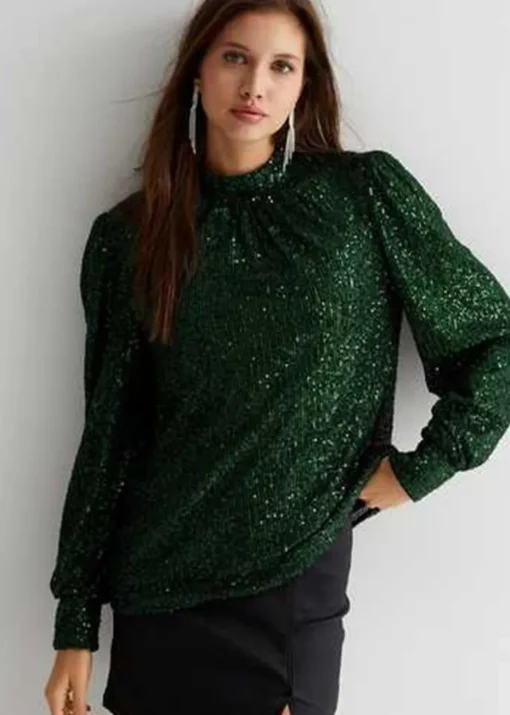 Gini London Green Sequin High Neck Loosefit Blouse