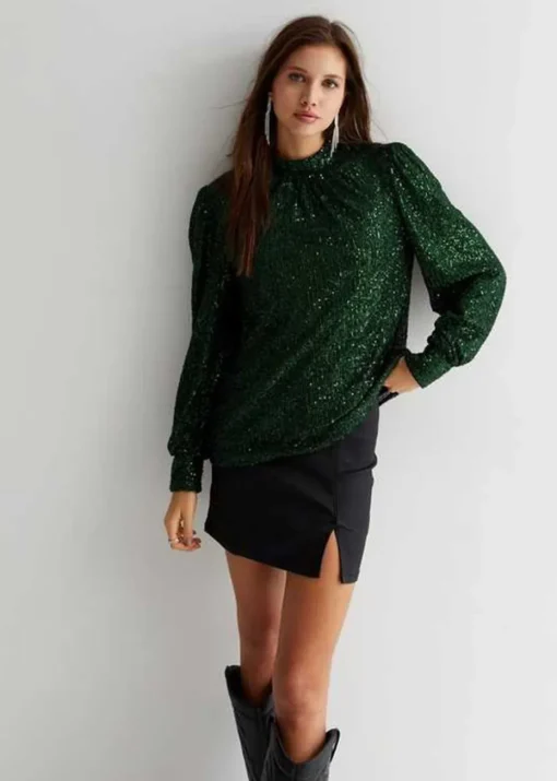 Gini London Green Sequin High Neck Loosefit Blouse