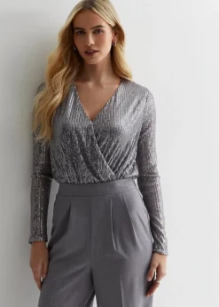 Gini London Gun Metal Sequin Wrap Long Sleeves Bodysuit
