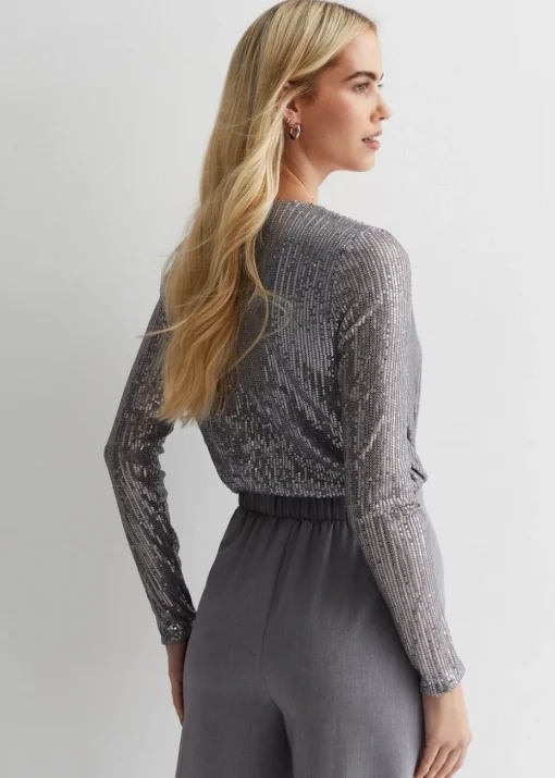 Gini London Gun Metal Sequin Wrap Long Sleeves Bodysuit