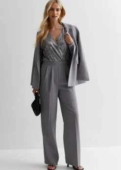 Gini London Gun Metal Sequin Wrap Long Sleeves Bodysuit
