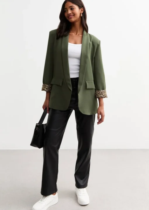 Gini London Khaki Contrast Animal Edge to Edge Blazer