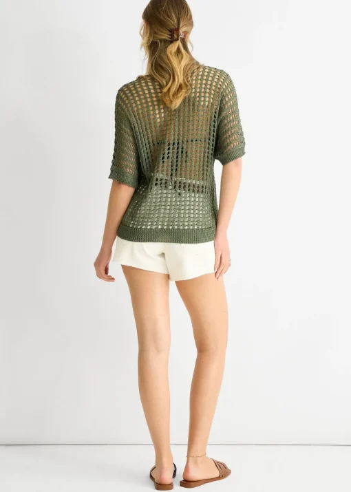 Gini London Khaki  Fish Net Heart Pattern Crochet Top