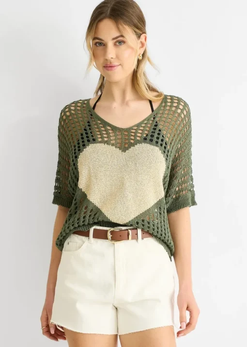 Gini London Khaki  Fish Net Heart Pattern Crochet Top
