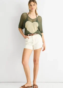 Gini London Khaki  Fish Net Heart Pattern Crochet Top