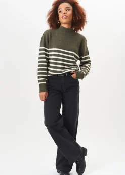 Gini London Khaki High Neck Stripe Oversized Jumper