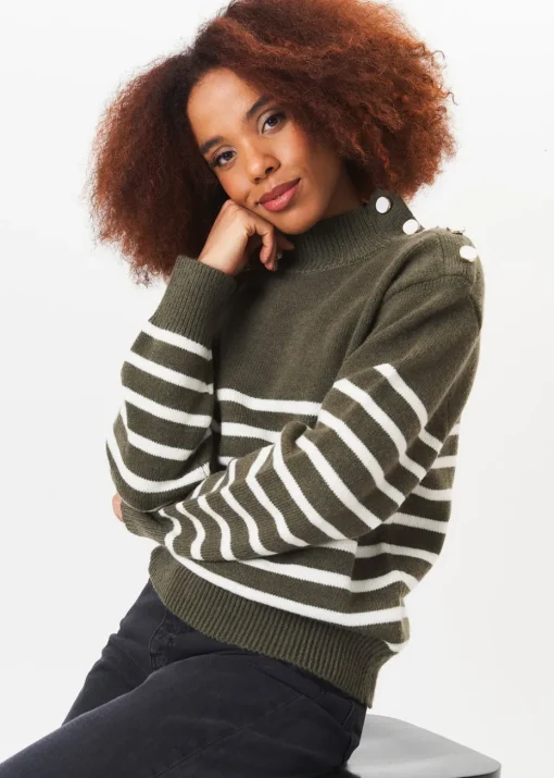 Gini London Khaki High Neck Stripe Oversized Jumper