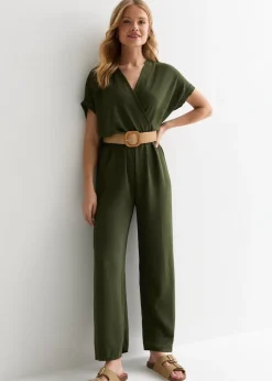 Gini London Khaki Short Sleeves Elasticated Waist Belted Jumpsuit