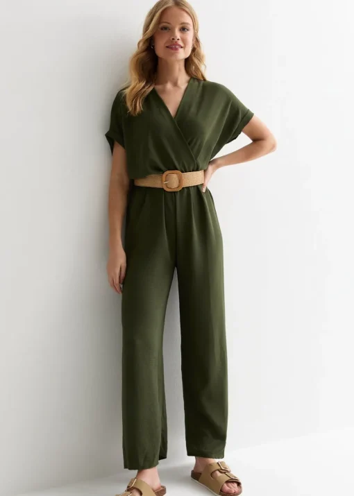 Gini London Khaki Short Sleeves Elasticated Waist Belted Jumpsuit