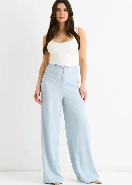 Gini London Light Blue Tailored Belt Wide Leg Trousers