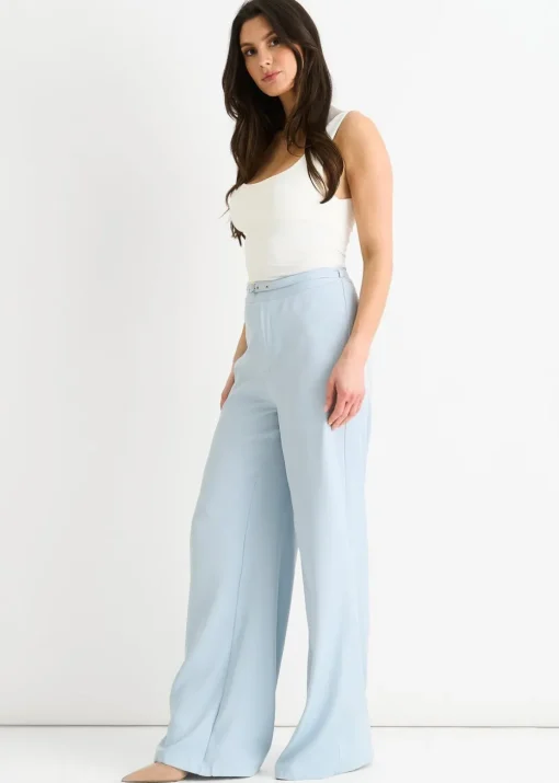 Gini London Light Blue Tailored Belt Wide Leg Trousers