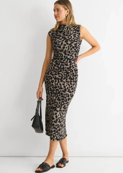 Gini London Light Grey Animal Print Ruched Midi Dress