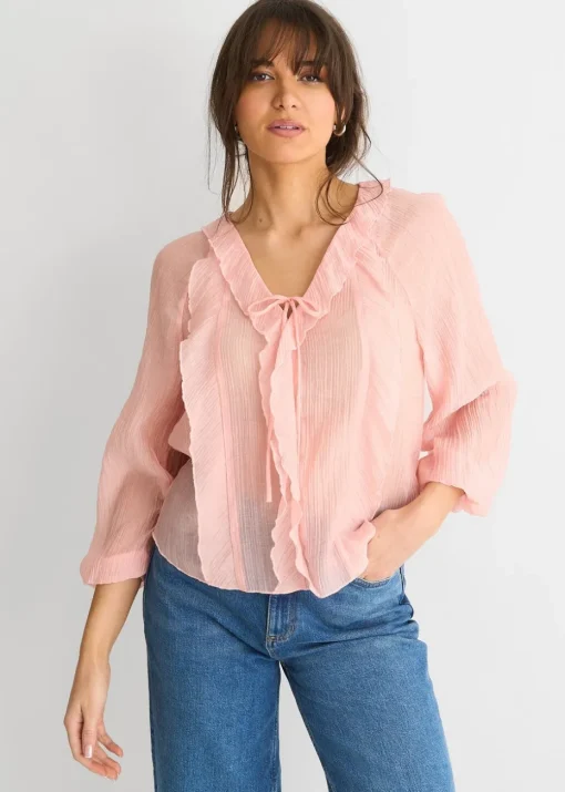 Gini London Long Sleeeves Tie Detail Ruffle Blouse