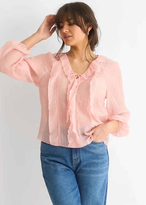 Gini London Long Sleeeves Tie Detail Ruffle Blouse