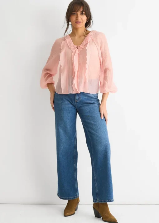 Gini London Long Sleeeves Tie Detail Ruffle Blouse