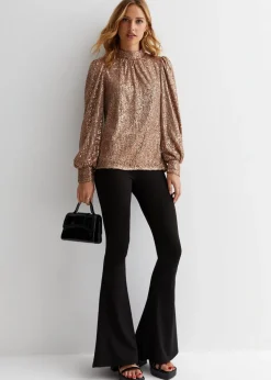 Gini London Mink Brown Sequin High Neck Loosefit Blouse