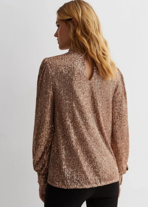 Gini London Mink Brown Sequin High Neck Loosefit Blouse
