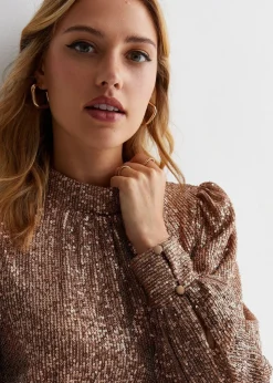 Gini London Mink Brown Sequin High Neck Loosefit Blouse