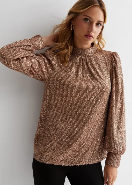 Gini London Mink Brown Sequin High Neck Loosefit Blouse