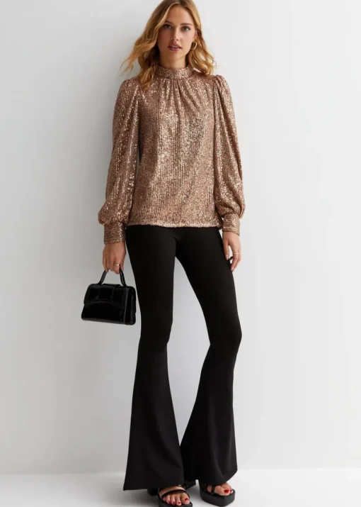 Gini London Mink Brown Sequin High Neck Loosefit Blouse
