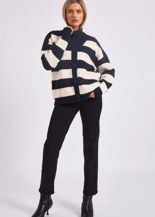 Gini London Mono Stripe Oversized Button Through Cardigan