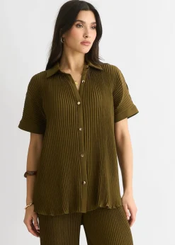 Gini London Olive Plisse Short Sleeve Oversized Shirt