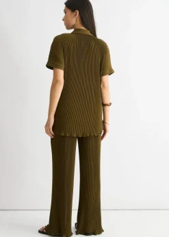 Gini London Olive Plisse Short Sleeve Oversized Shirt