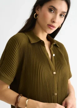 Gini London Olive Plisse Short Sleeve Oversized Shirt