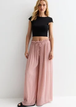 Gini London Pink Elasticated Waist Plisse Wide Led Trouser