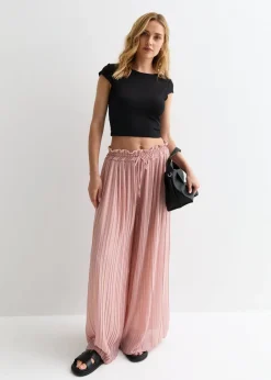 Gini London Pink Elasticated Waist Plisse Wide Led Trouser