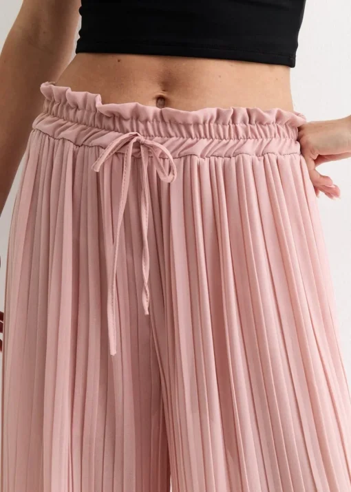 Gini London Pink Elasticated Waist Plisse Wide Led Trouser