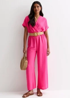 Gini London Pink Short Sleeves Elasticated Waist Belted Jumpsuit