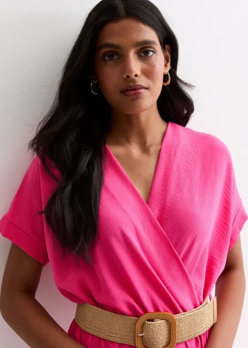 Gini London Pink Short Sleeves Elasticated Waist Belted Jumpsuit