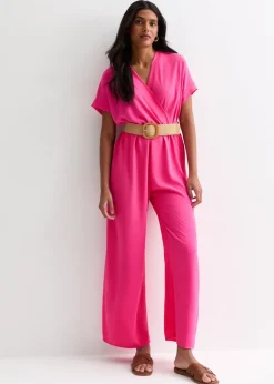 Gini London Pink Short Sleeves Elasticated Waist Belted Jumpsuit
