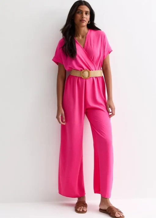 Gini London Pink Short Sleeves Elasticated Waist Belted Jumpsuit
