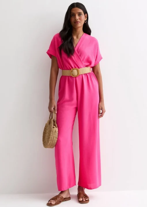 Gini London Pink Short Sleeves Elasticated Waist Belted Jumpsuit