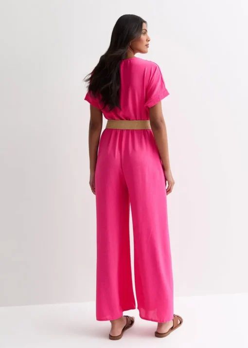 Gini London Pink Short Sleeves Elasticated Waist Belted Jumpsuit