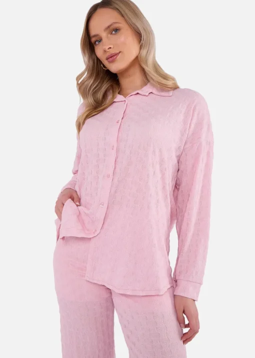 Gini London Pink Textured Oversized Long Sleeves Shirt
